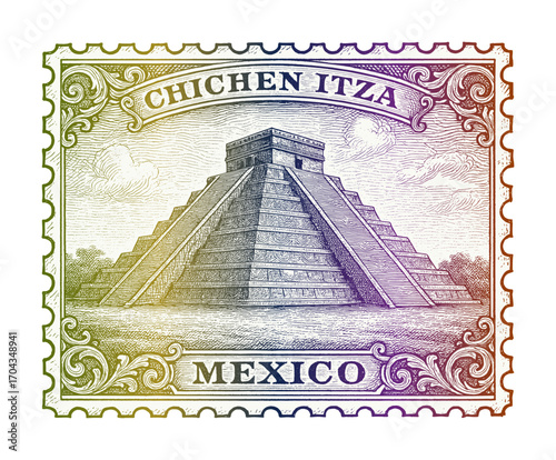 vintage postage stamp depicts chichen itza - mexico (sketch drawing)