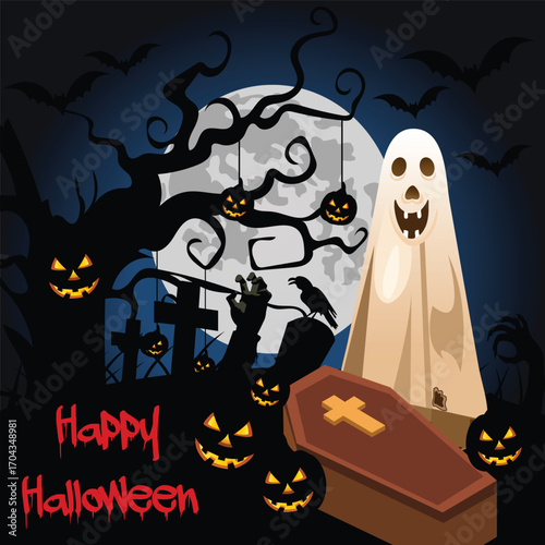 Spooky Halloween Night Scene with Haunted House