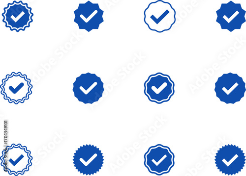 Blue ribbon and banner. Check mark tick verification icon symbol. Set of premium quality and guarantee labels. Vector illustration isolated on white background.