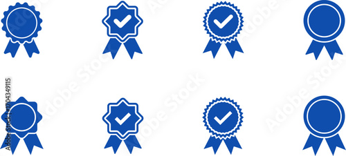 Blue ribbon and banner. Check mark tick verification icon symbol. Set of premium quality and guarantee labels. Vector illustration isolated on white background.
