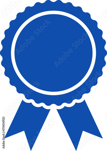 Blue ribbon and banner. Check mark tick verification icon symbol. Set of premium quality and guarantee labels. Vector illustration isolated on white background.
