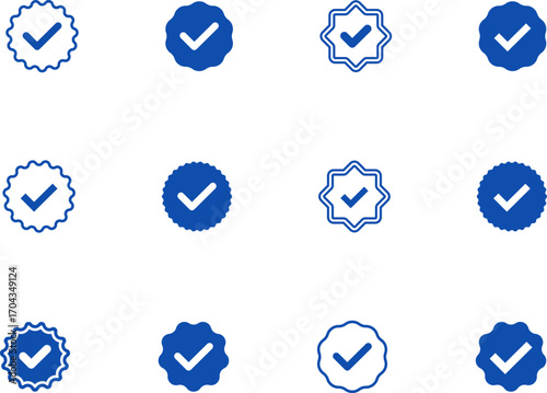 Blue ribbon and banner. Check mark tick verification icon symbol. Set of premium quality and guarantee labels. Vector illustration isolated on white background.