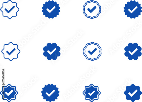 Blue ribbon and banner. Check mark tick verification icon symbol. Set of premium quality and guarantee labels. Vector illustration isolated on white background.