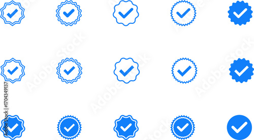 Blue ribbon and banner. Check mark tick verification icon symbol. Set of premium quality and guarantee labels. Vector illustration isolated on white background.