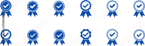 Blue ribbon and banner. Check mark tick verification icon symbol. Set of premium quality and guarantee labels. Vector illustration isolated on white background.