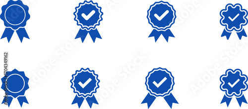 Blue ribbon and banner. Check mark tick verification icon symbol. Set of premium quality and guarantee labels. Vector illustration isolated on white background.