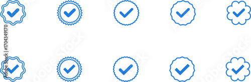 Blue ribbon and banner. Check mark tick verification icon symbol. Set of premium quality and guarantee labels. Vector illustration isolated on white background.