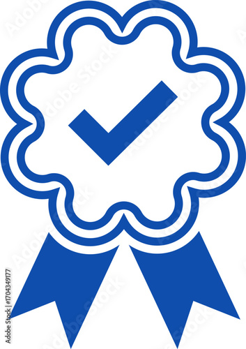 Blue ribbon and banner. Check mark tick verification icon symbol. Set of premium quality and guarantee labels. Vector illustration isolated on white background.