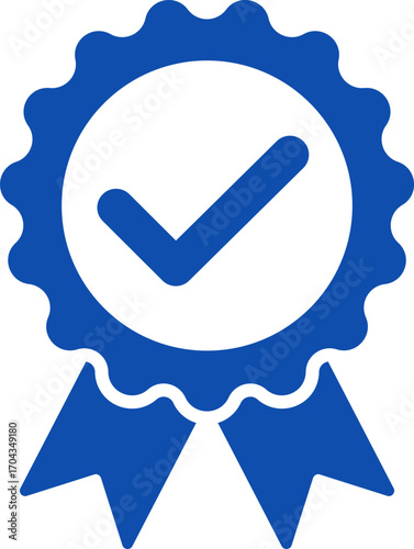 Blue ribbon and banner. Check mark tick verification icon symbol. Set of premium quality and guarantee labels. Vector illustration isolated on white background.