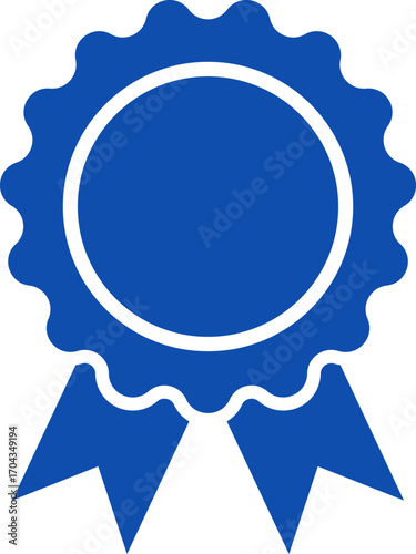Blue ribbon and banner. Check mark tick verification icon symbol. Set of premium quality and guarantee labels. Vector illustration isolated on white background.