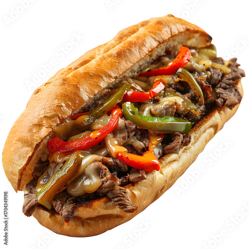 Delicious cheesesteak sandwich peppers cheese food cuisine isolated transparent background product white in clear view with natural colors and sharp focus on a plain background. Simple clean style for