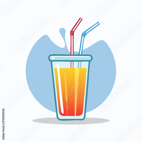 Freshly squeezed tropical juice glass with straws and blue backdrop splash design