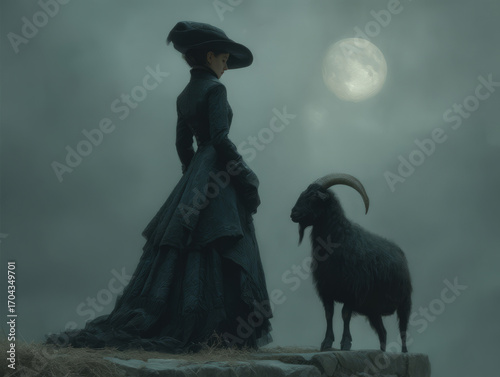 Beautiful witch with black goat at night. AI generative art