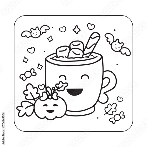 Bold and Easy Cute Halloween Coloring pages, Kawaii Halloween Coloring Book Pages For Kids, Vectors Illustration, Line Art, Black & White Designs, Bold-Easy, A4 Size 8.5x8.5" Inches,
