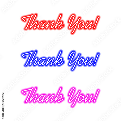Thank you text set with glowing neon light effect on transparent background