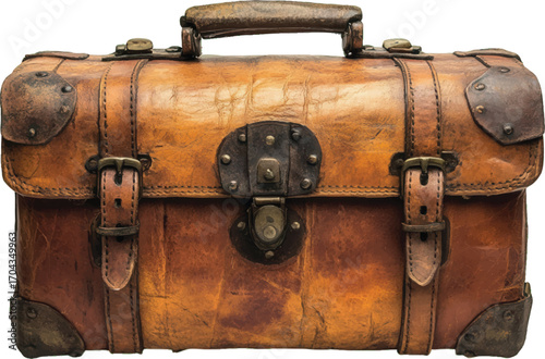 Vintage Leather Suitcase with Metal Clasps and Handle on White Background luggage travel
