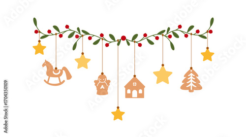Nordic Christmas garland with hanging ornaments, holly berries, stars, wooden horse, angel, tree. Home decor, holiday vector rustic illustration