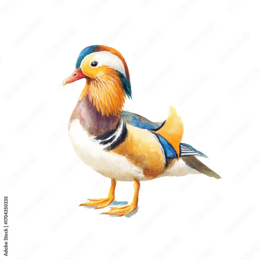 Obraz premium Colorful watercolor mandarin duck illustration with vibrant plumage, cut out