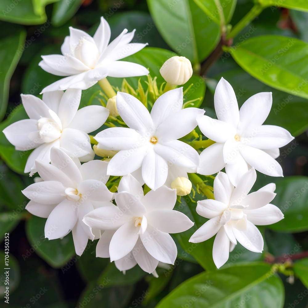 Fototapeta premium Cluster of white star-shaped flowers on green leaves