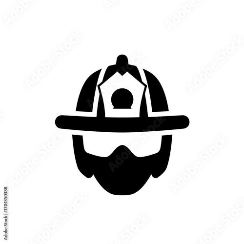 A stylized black and white graphic icon depicting a firefighter's protective helmet, representing emergency services, courage, and public safety for design and informational use