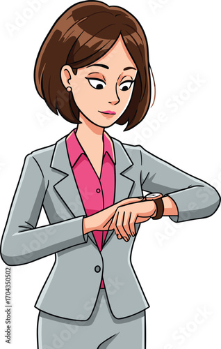 Businesswoman in gray suit checking time on wristwatch, professional woman concerned about punctuality, time management, office deadline, workplace stress, busy schedule