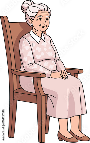 Elegant elderly woman sitting calmly on wooden chair, smiling gently, wearing pastel pink outfit, peaceful, senior, grandmother, relaxed, warm atmosphere.