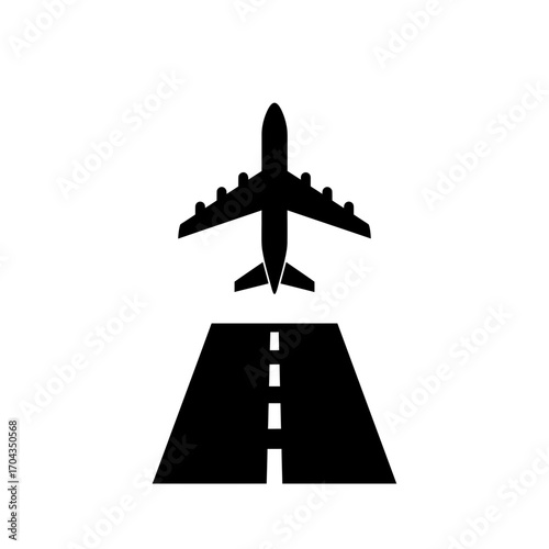 Airplane taking off from runway, black and white icon symbolizing travel and transportation
