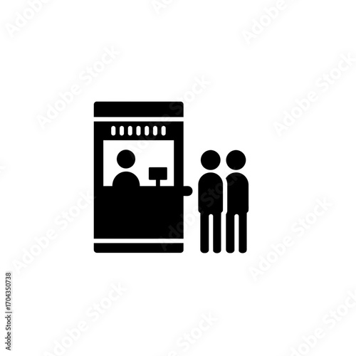Minimalist black silhouette icon depicting people waiting in a queue at a service counter, symbolizing customer service, transaction points, and efficient line management