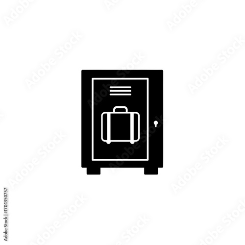 Sleek black locker icon with white suitcase outline, symbolizing secure baggage storage and convenient personal item deposit for modern travel and public settings