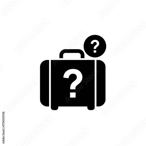 Black silhouette icon of a travel suitcase featuring two prominent question marks, symbolizing uncertainty or unknown aspects related to journeys and luggage