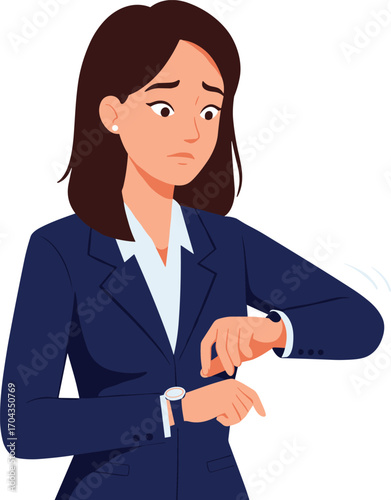 Worried businesswoman checking time on wristwatch, anxious woman in navy suit, time management stress, late for meeting, deadline pressure, professional anxiety, office rush
