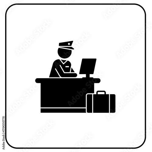 Airport official at a security checkpoint desk with a computer and a suitcase, depicted as a minimalist black and white vector icon, ideal for illustrating travel control processes