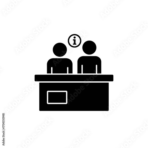 Customer service icon. Two individuals behind a desk with an information symbol, ideal for illustrating support or help services for businesses