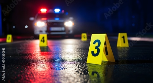 Crime scene investigation with police car, evidence markers, and flashing lights in a dramatic night setting