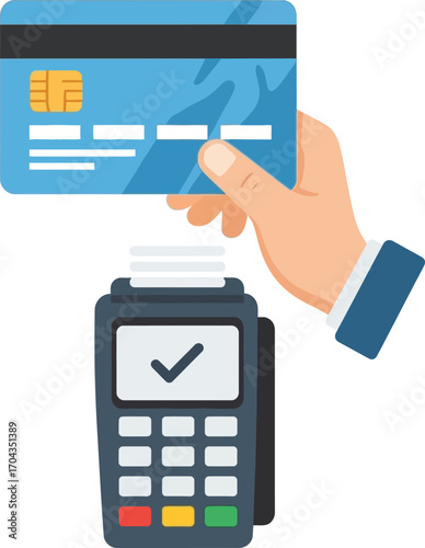Vector art of hand holding credit card to payment terminal