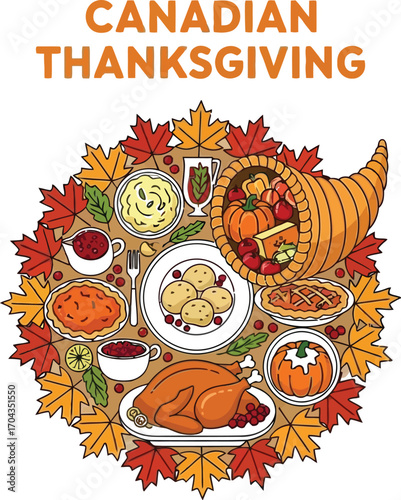 A festive canadian thanksgiving feast with traditional dishes, a celebration of harvest and gratitude