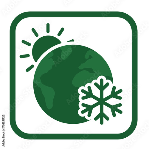 Global climate and seasonal conditions. A vibrant green icon shows Earth with a radiant sun and frosty snowflake, perfect for environmental reporting, weather apps, and sustainability themes