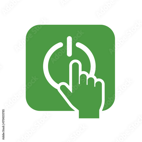 Green Power Button Icon with Hand Cursor - User Interface Element