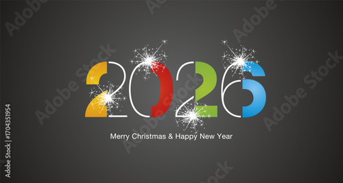2026 Happy New Year modern black light typography logo sparkle firework colorful white black vector greeting card