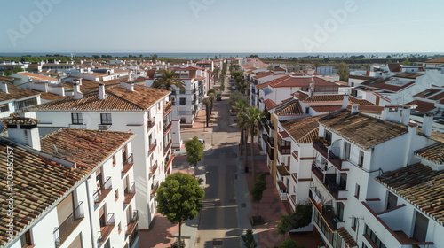 Stock aerial image of an urban city neighborhood with residential buildings, streets and rooftops, created as a resource for real estate, housing and architecture projects. Not a specific locations