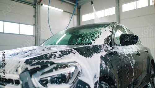 Car being washed with foam in a car wash