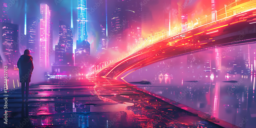 Obraz premium Lone Figure on Neon Street with Futuristic Cityscape and Bridge