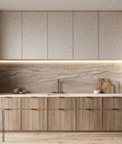 Contemporary kitchen design emphasizing neutral tones, natural wood, and sublime marble textures. 3d rendering. High quality 3d illustration
