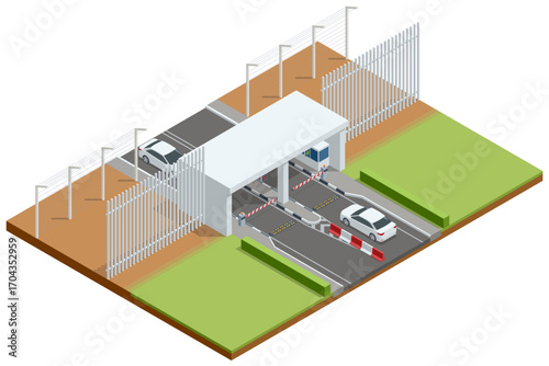 Isometric border checkpoint with cars, barriers, and inspection booths. Concept of migration, travel control, and border security