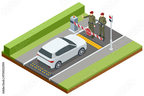 Isometric checkpoint with soldiers, armed guards, barriers, and stop signs. Concept of border patrol, migration control, and security check