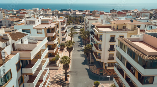 Stock aerial image of an urban city neighborhood with residential buildings, streets and rooftops, created as a resource for real estate, housing and architecture projects. Not a specific locations