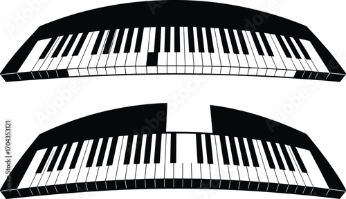Curved piano keyboard vector illustration, black and white music instrument clipart, abstract digital piano design, musical art element for creative projects