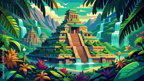 The colorful Palenque ruins rise from Chiapas jungle, ancient Mayan temples carved with intricate glyphs, surrounded by emerald canopy and distant waterfalls whispering timeless stories of civilizatio