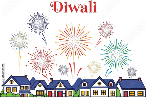 Festive diwali celebration with fireworks over houses happy Diwali, festival of lights concept