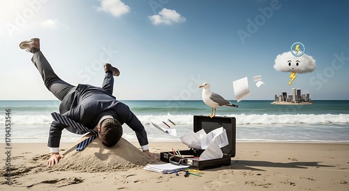 A businessman struggles on a sandy beach amidst a storm of paperwork and a troubled sky.